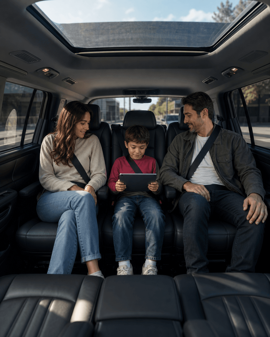 Family riding in the back of a premium vehicle while a child in a red jumper uses a tablet behind privacy tint