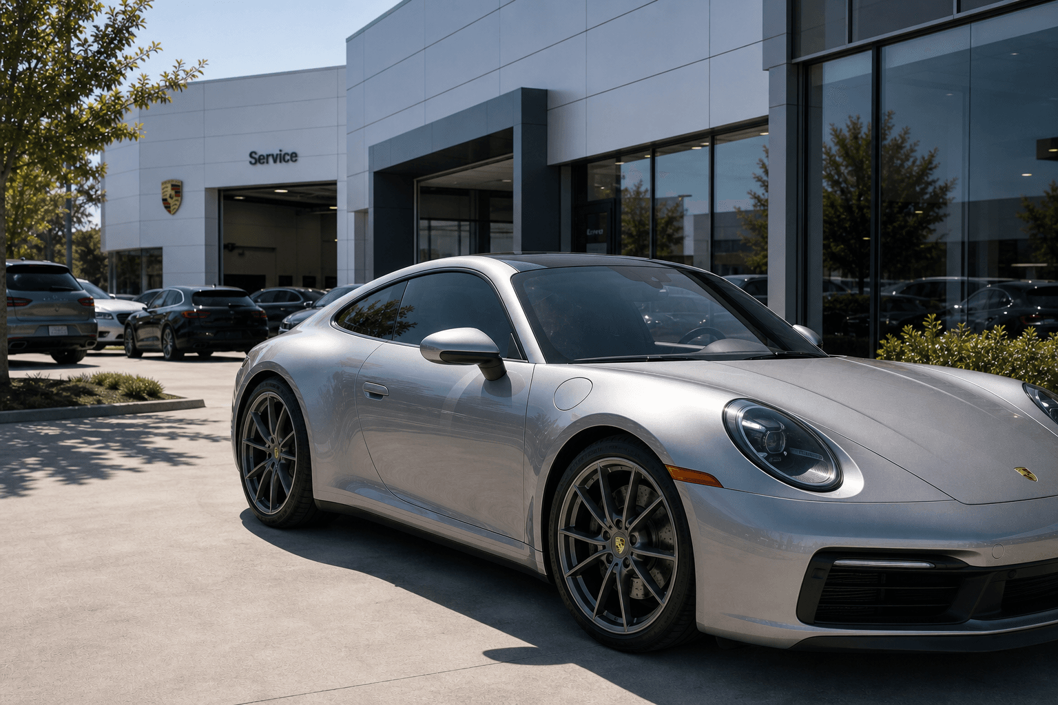 Silver Porsche 911 parked outside a premium Porsche service garage