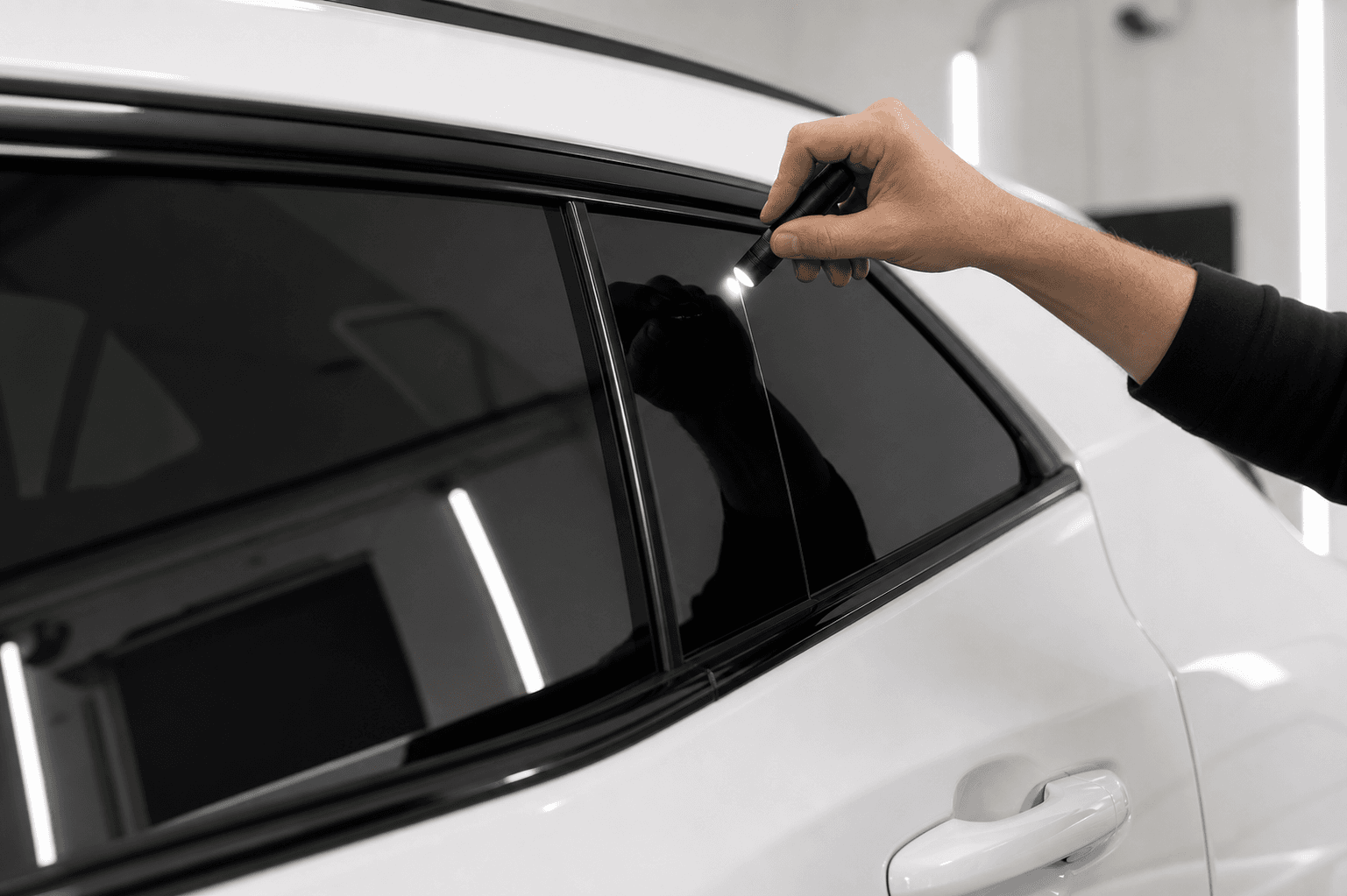 Installer checking window tint edges on a white vehicle