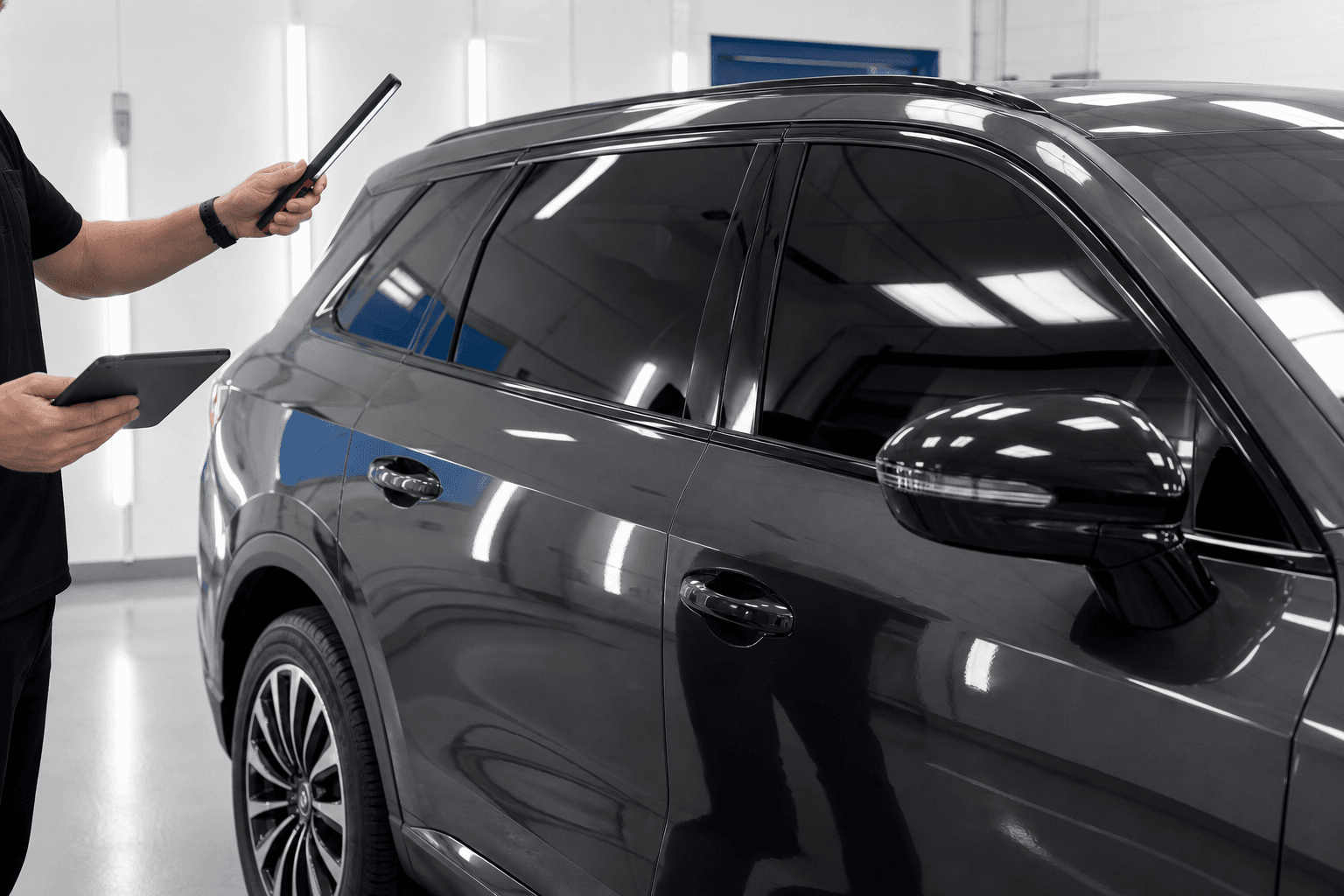 Finished tinted vehicle receiving final quality control in a clean workshop
